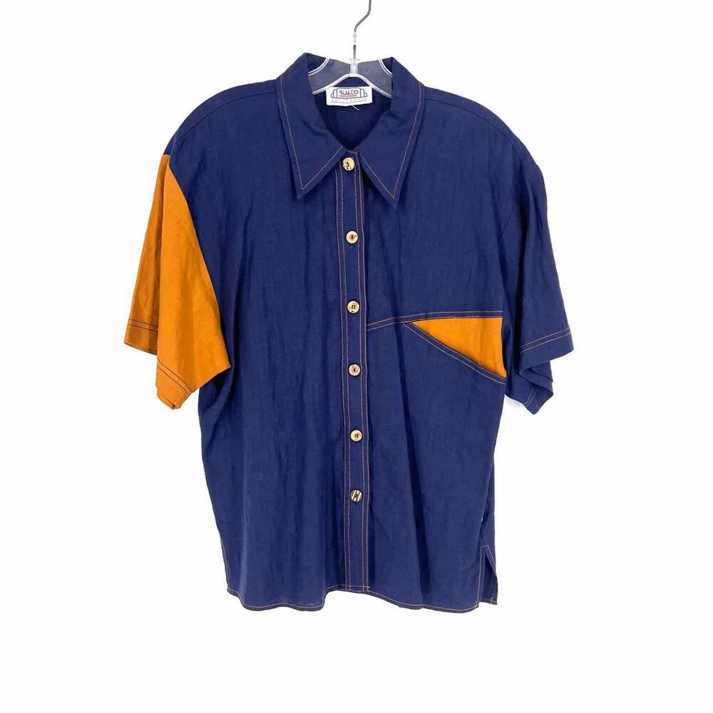 Rialto Size M ? Navy/Orange Color Block Linen Vintage Blouse